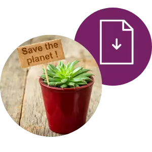 view of potted plant with small save the planet sign